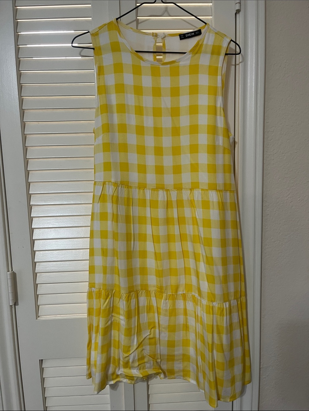 SHEIN Yellow & White Gingham Sleeveless Tiered Dress
